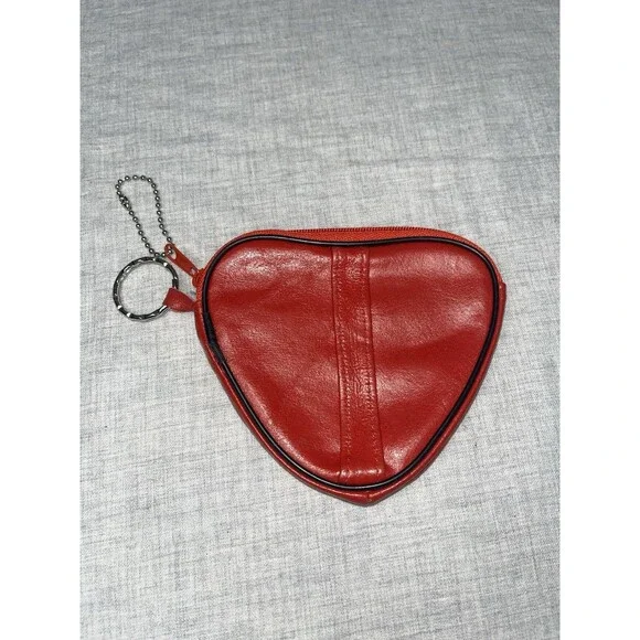 Small Red Leather Heart-Shaped Card Case with Zipper Closure Keychain Coin Purse - Picture 2 of 5